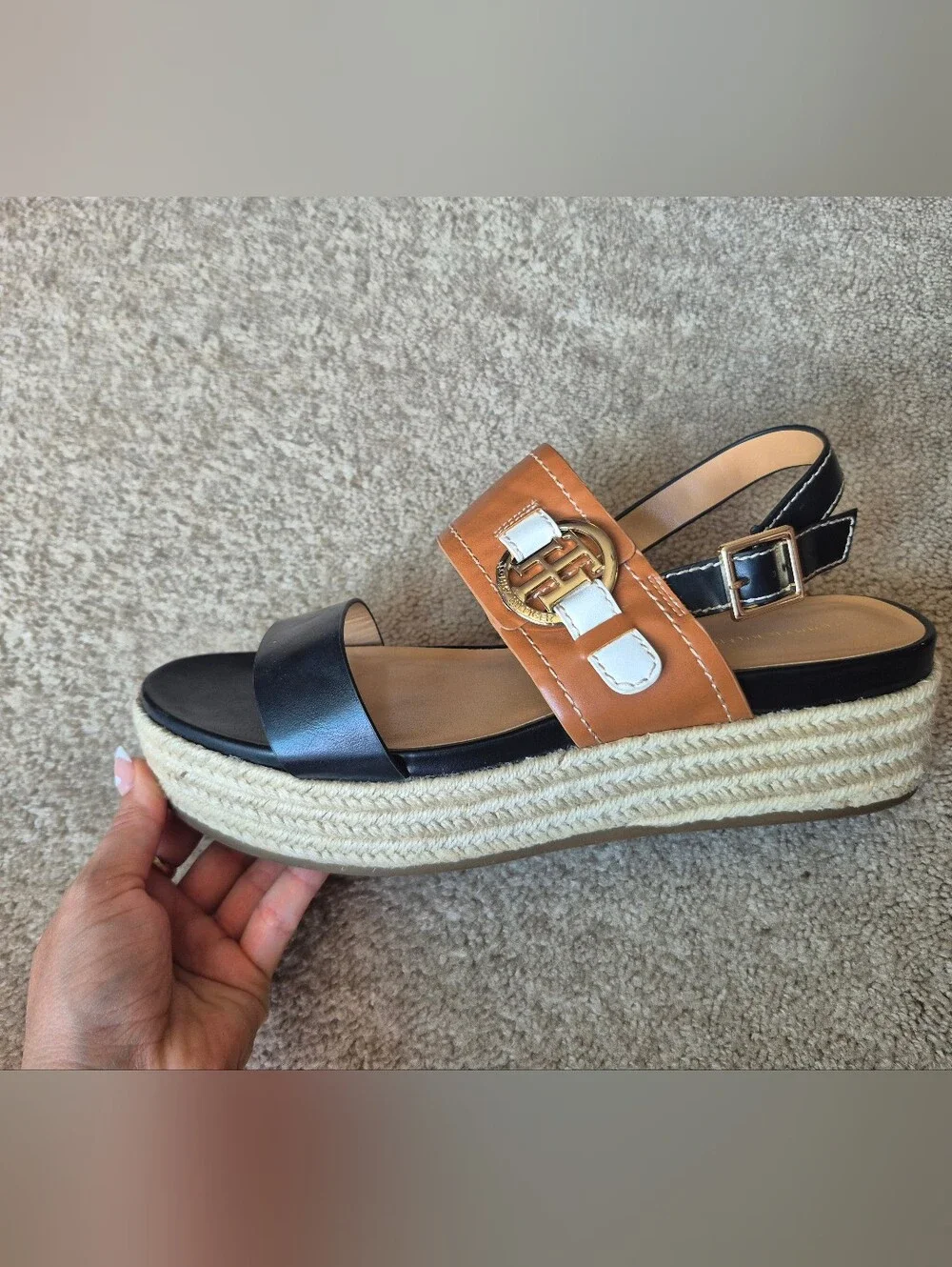 Tommy Hilfiger Two-Tone Black, Tan & White Espadrille Platform Sandals